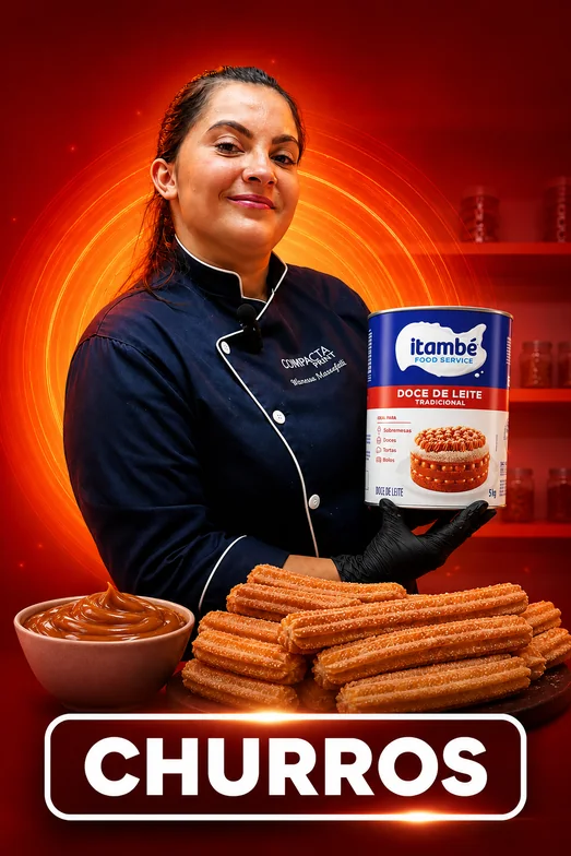 Capa Churros, com a Wanessa segurando uma lata de doce de leite e churros na frente