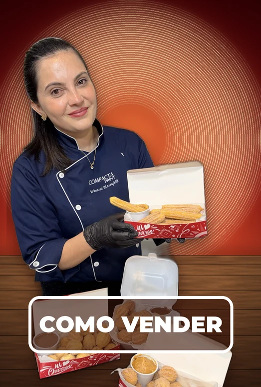 Capa do módulo Como vender, com a Wanessa segurando caixas de churros prontas pra vender