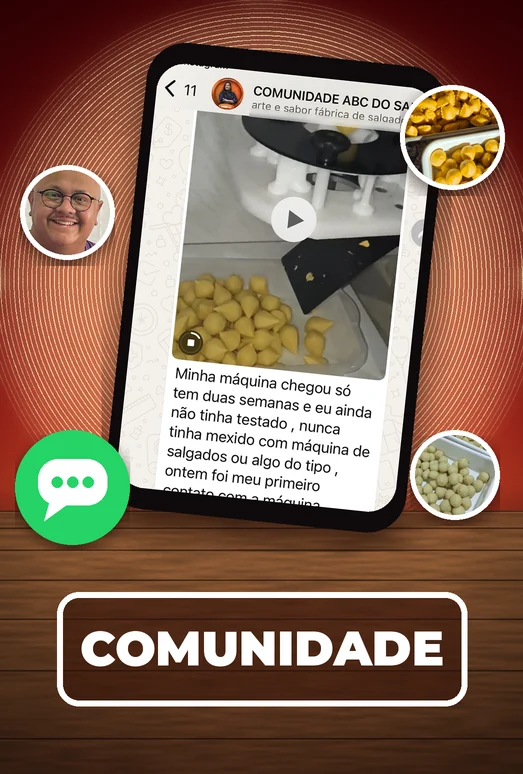 Capa da Comunidade, com um celular mostrando o grupo de alunos e fotos da produção deles