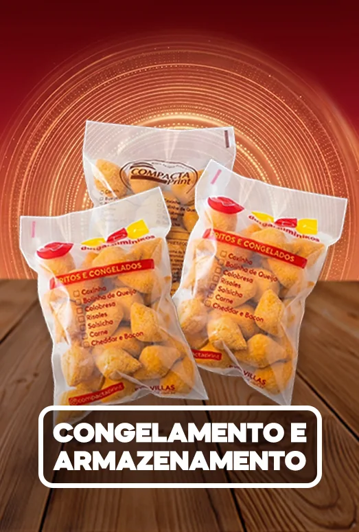 Capa do módulo Congelamento e armazenamento, com pacotes de salgados congelados